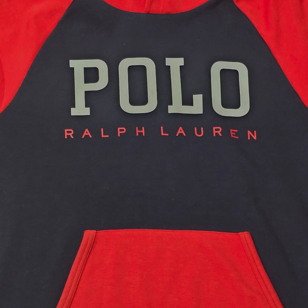 Polo Ralph Lauren Mens Raglan Hoodie Navy Blue Red Colorblock Graphic Sweatshirt - Picture 4 of 6